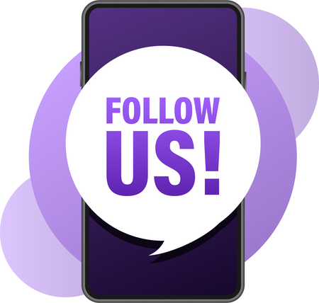 Follow us smartphone banner in 3D style on white background.